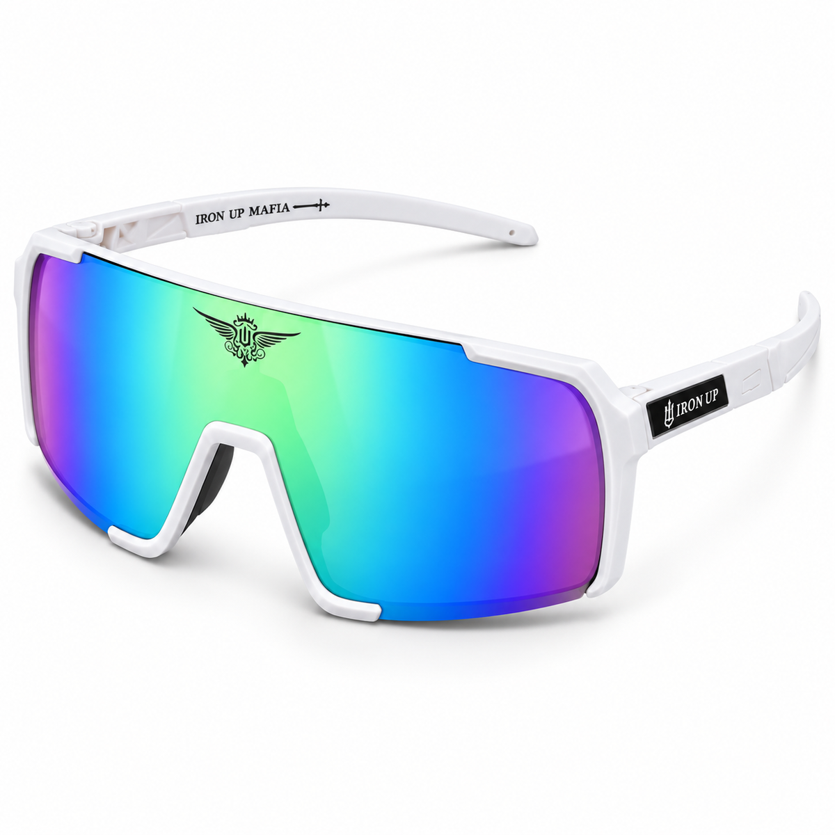 Iron Up Enduro polarized sport sunglasses, white frame, ice blue mirror lens