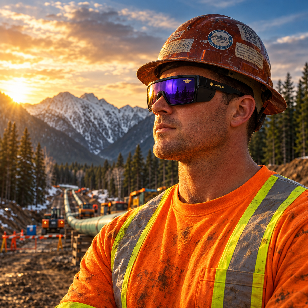 Worker in hard hat wearing Iron Up PL-87 safety sunglasses