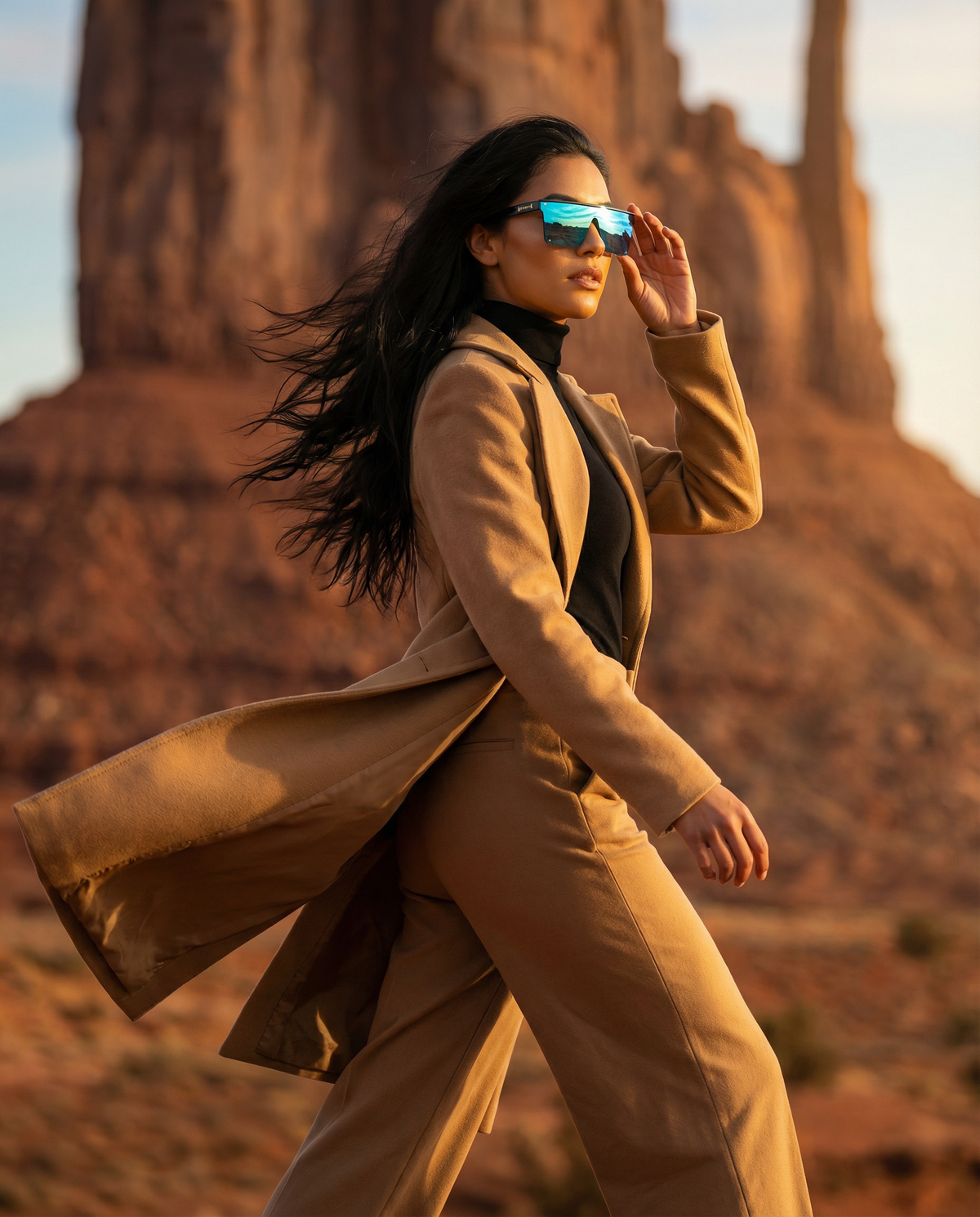 Woman wearing Iron Up Enzo sunglasses in the desert