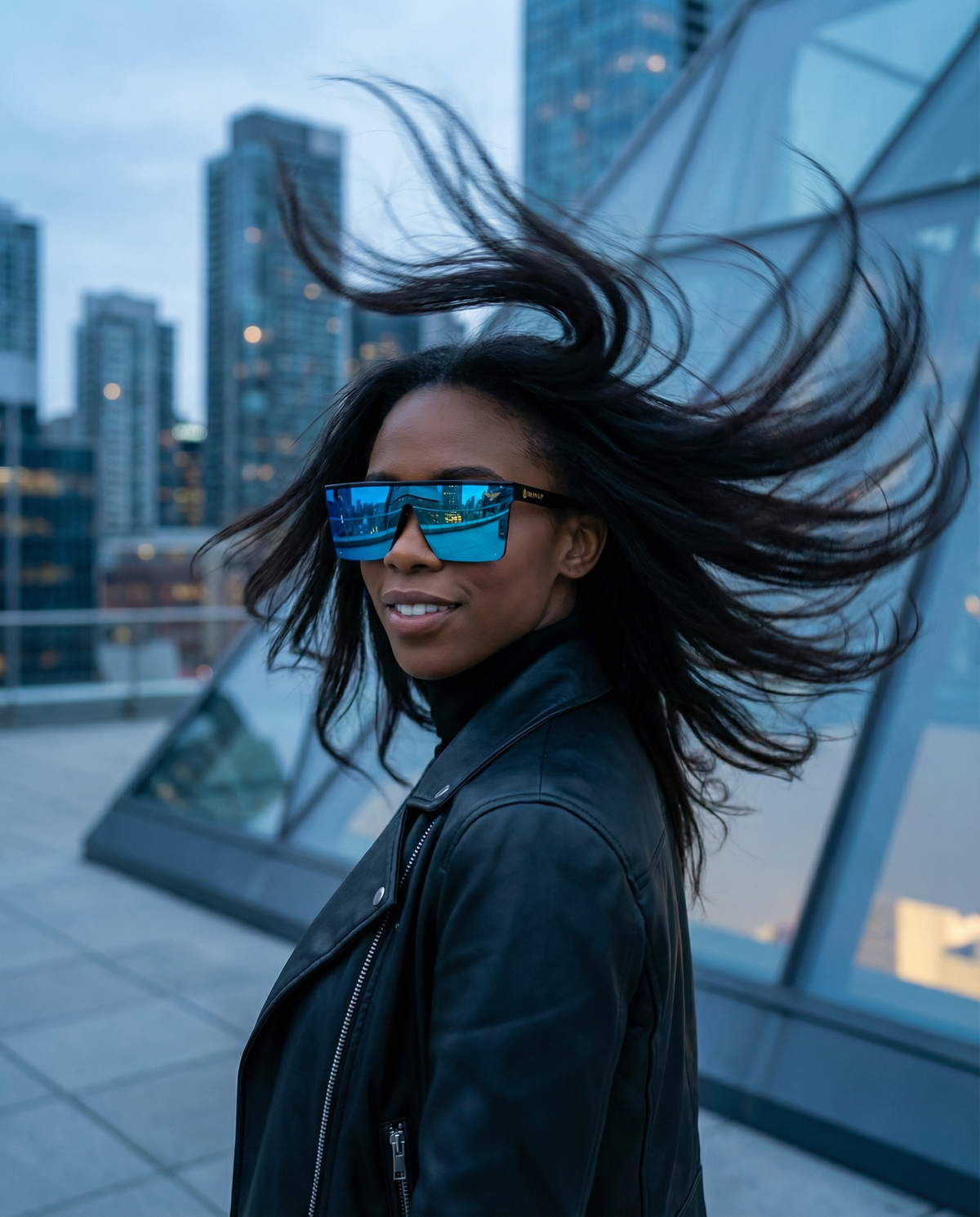 Woman wearing Iron Up Enzo sunglasses in the wind