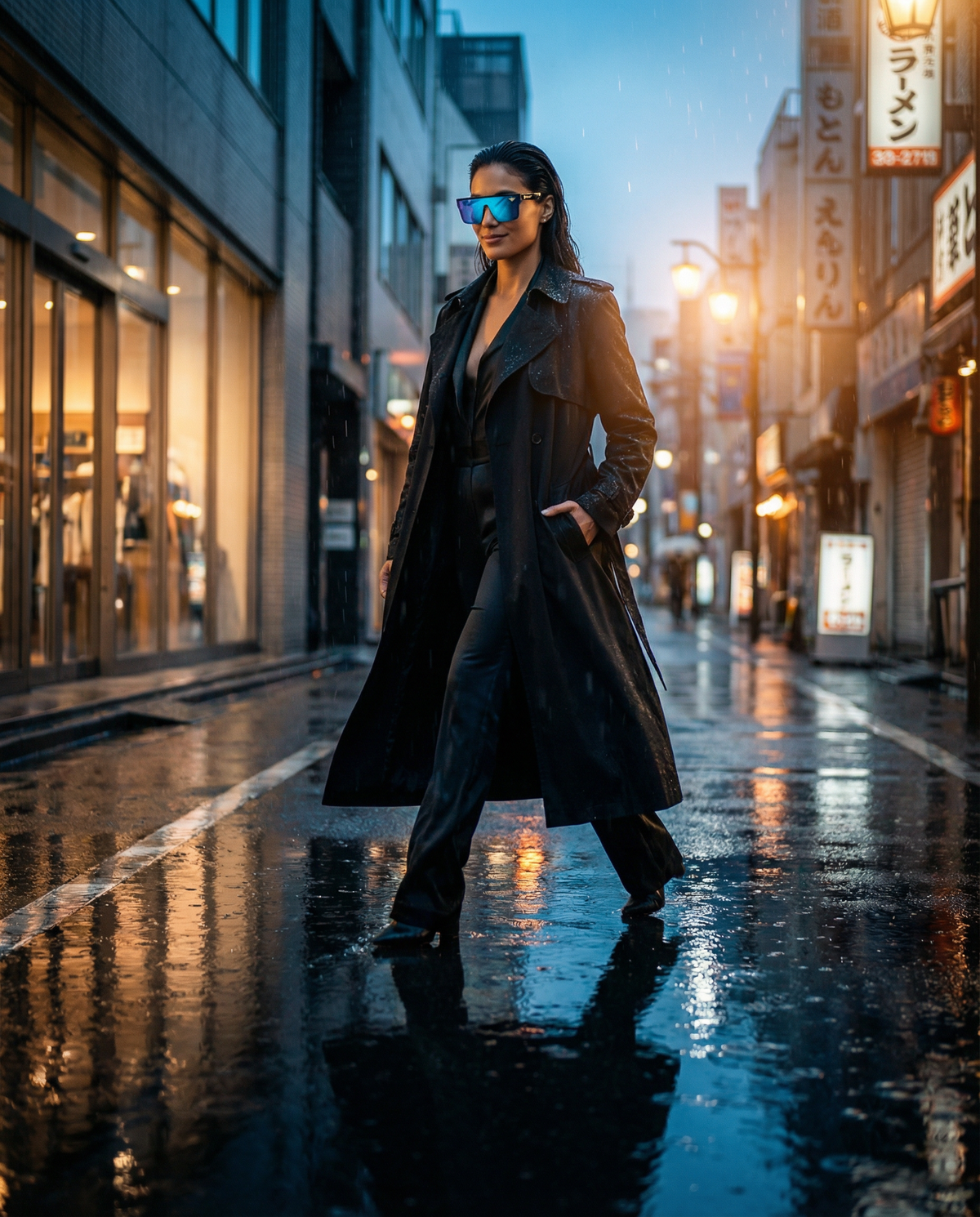 Woman wearing Iron Up Enzo sunglasses on a city street at night