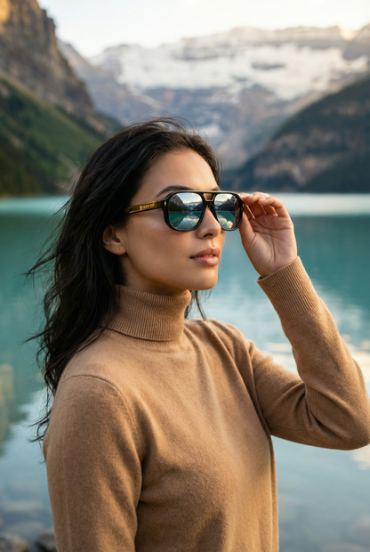Woman wearing Iron Up Enzo sunglasses at a mountain lake
