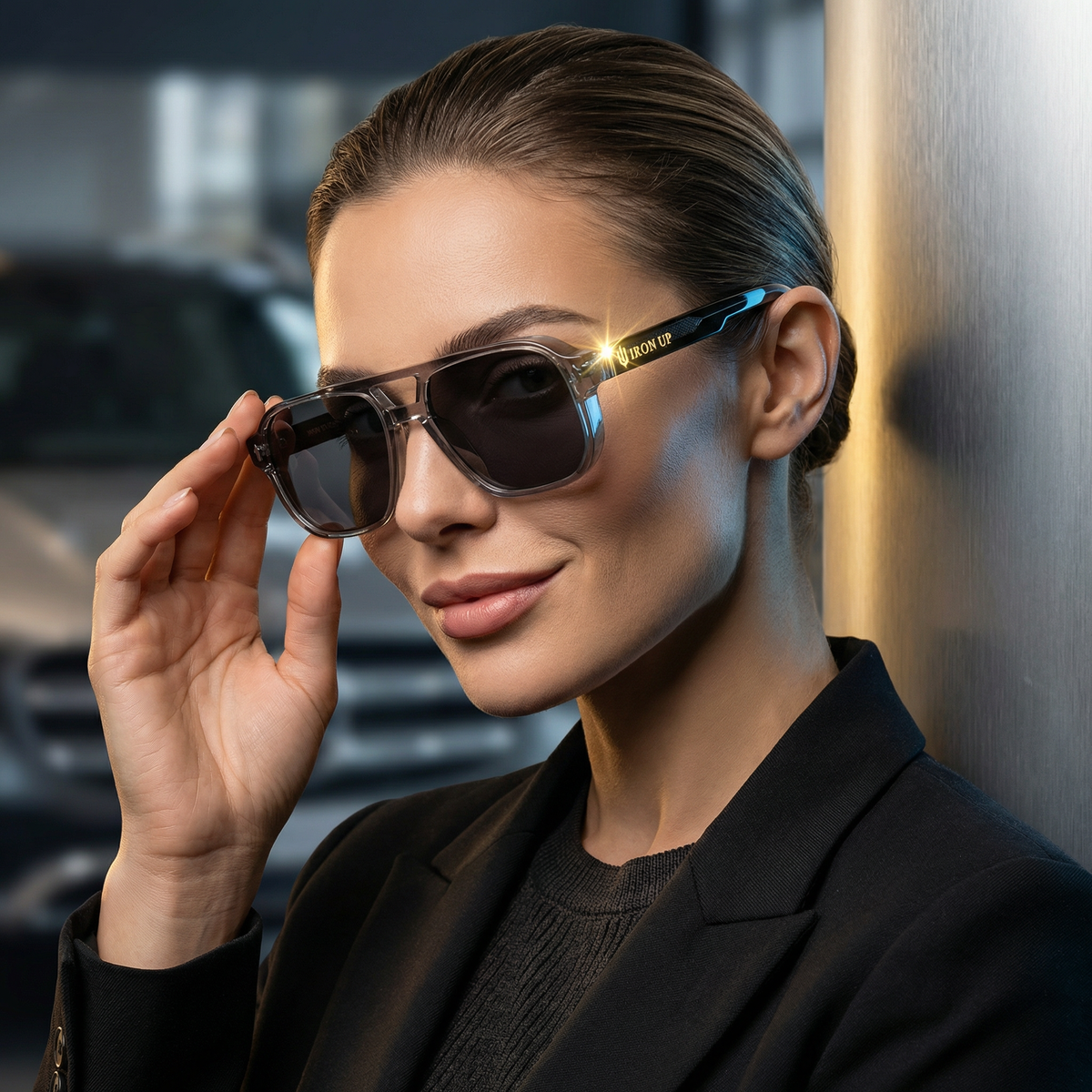 Woman adjusting Iron Up Capone sunglasses
