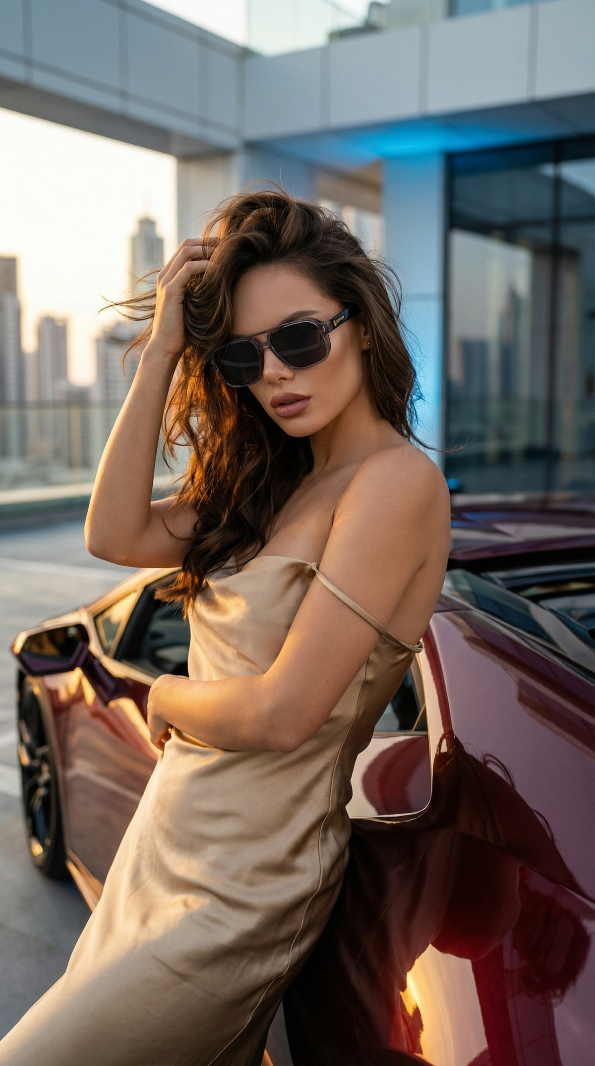 Woman wearing Iron Up Capone sunglasses on a city rooftop