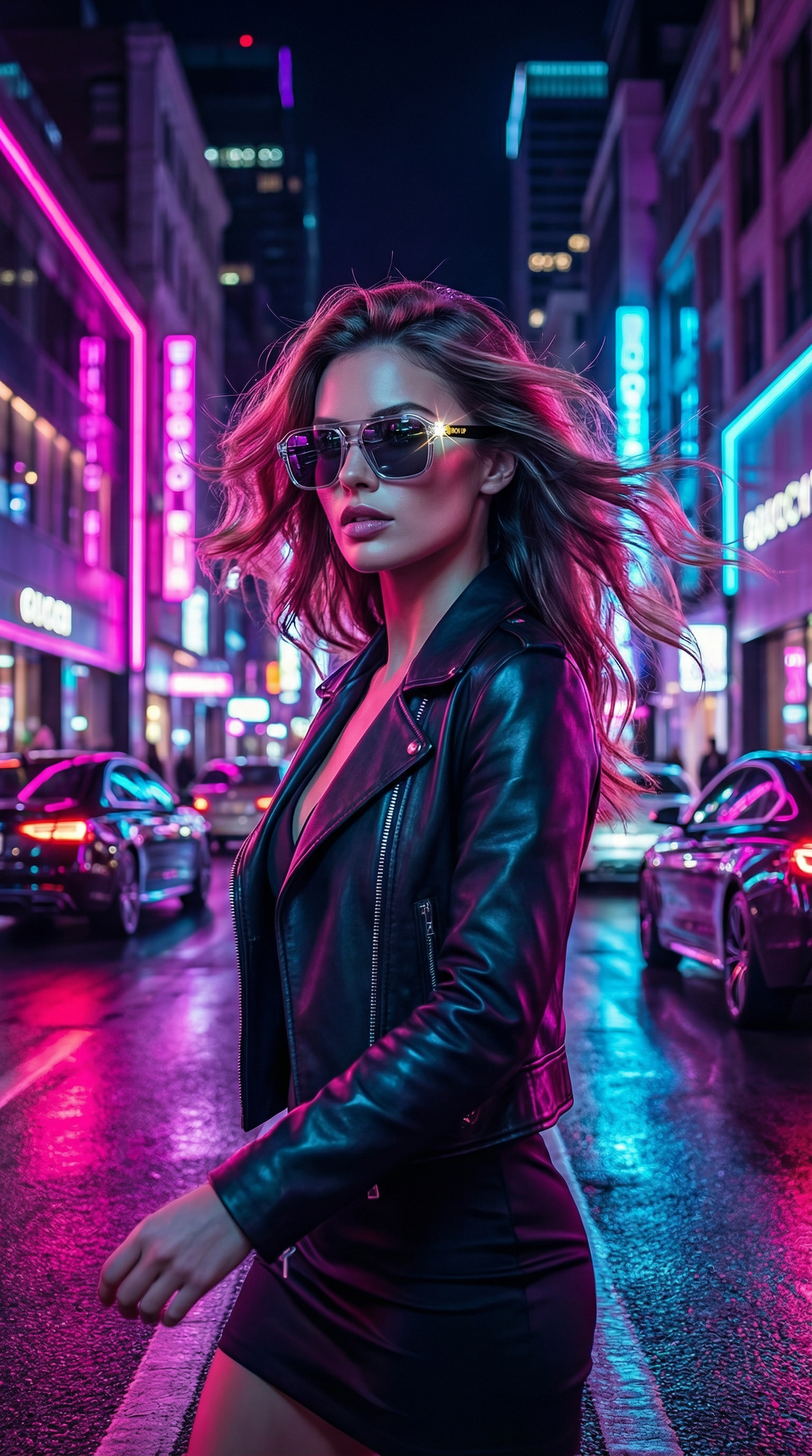 Woman wearing Iron Up Capone sunglasses on a neon city street