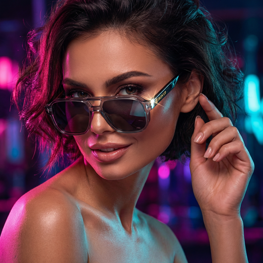 Woman wearing Iron Up Capone sunglasses under neon lights