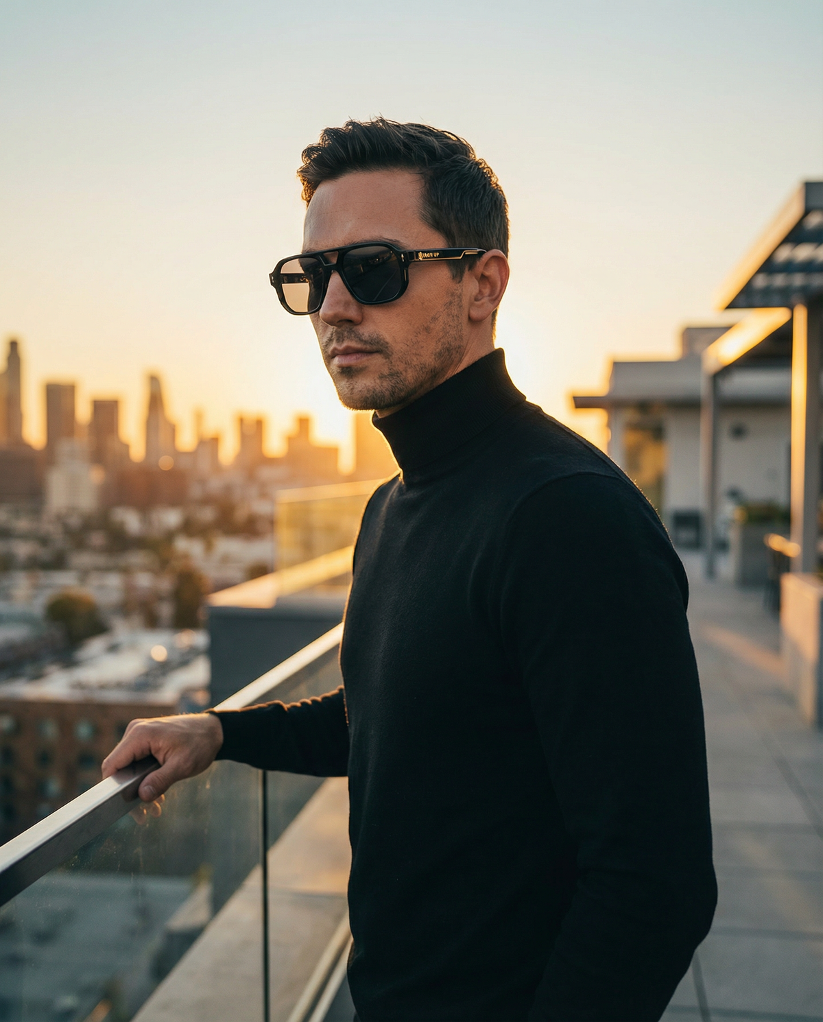 Man wearing Iron Up Capone sunglasses on a city balcony at sunset