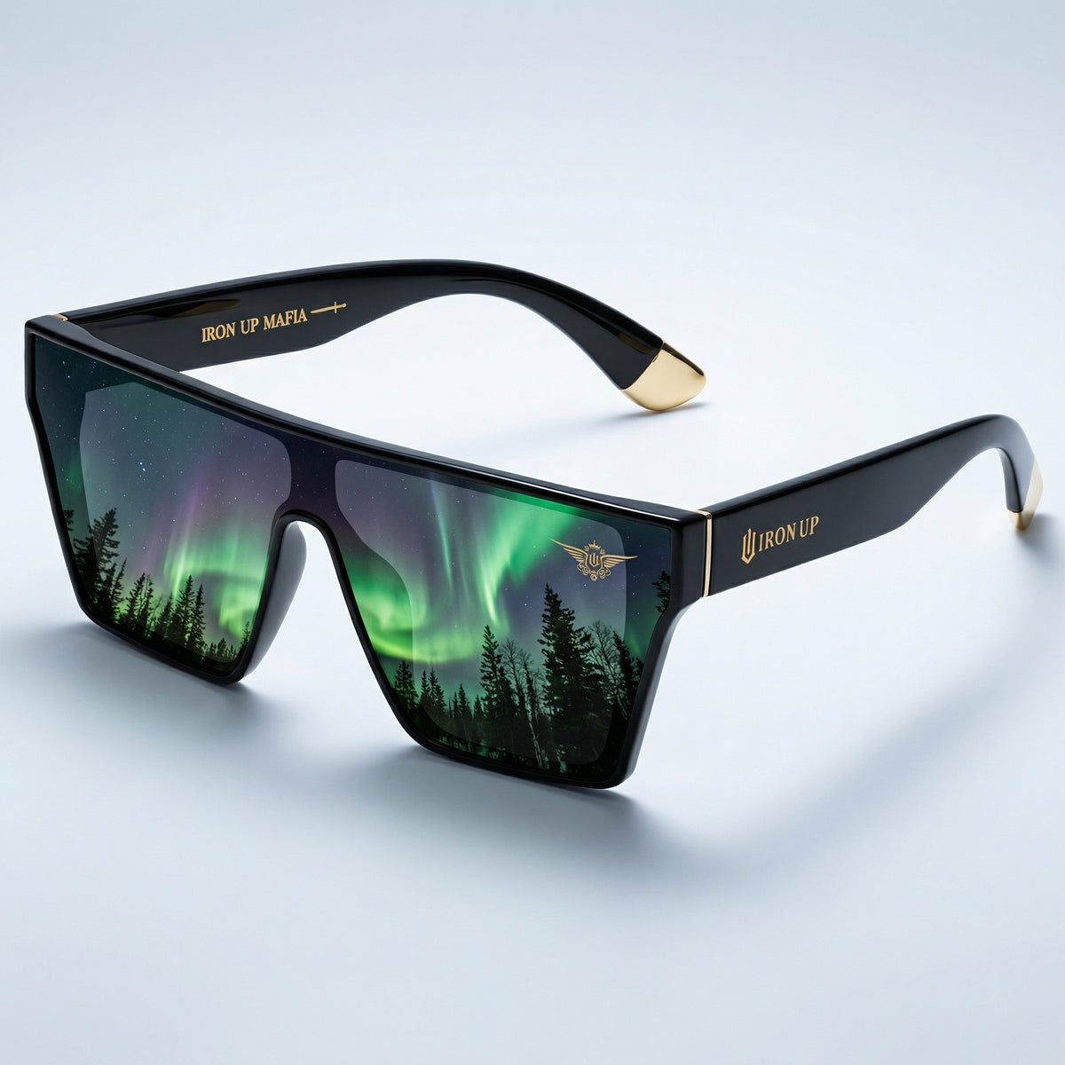Iron Up Royalty sunglasses with northern lights reflection