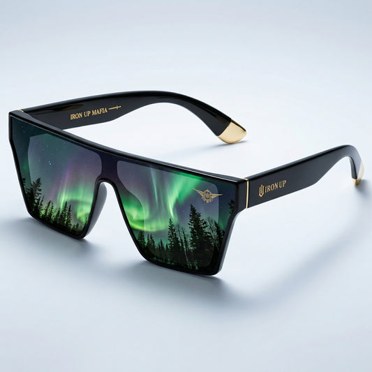 Iron Up Royalty sunglasses with northern lights reflection