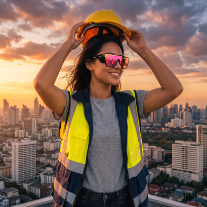 Woman on a job site wearing Iron Up AK-47 pink lens