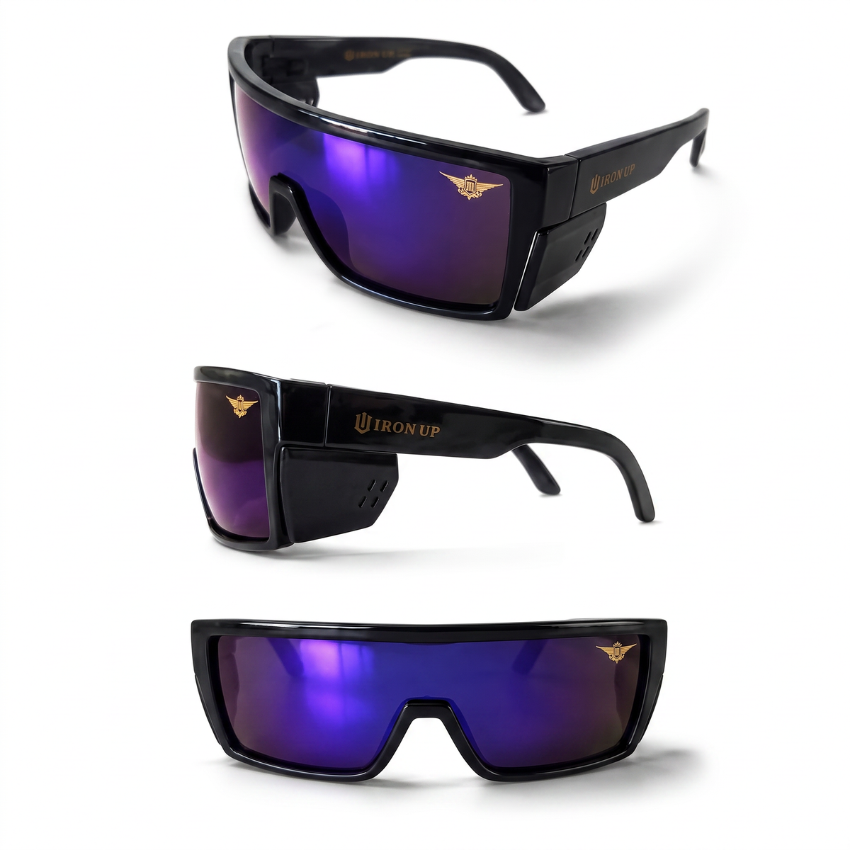 Iron Up PL-87 polarized safety sunglasses, black frame with blue mirror lens, three views