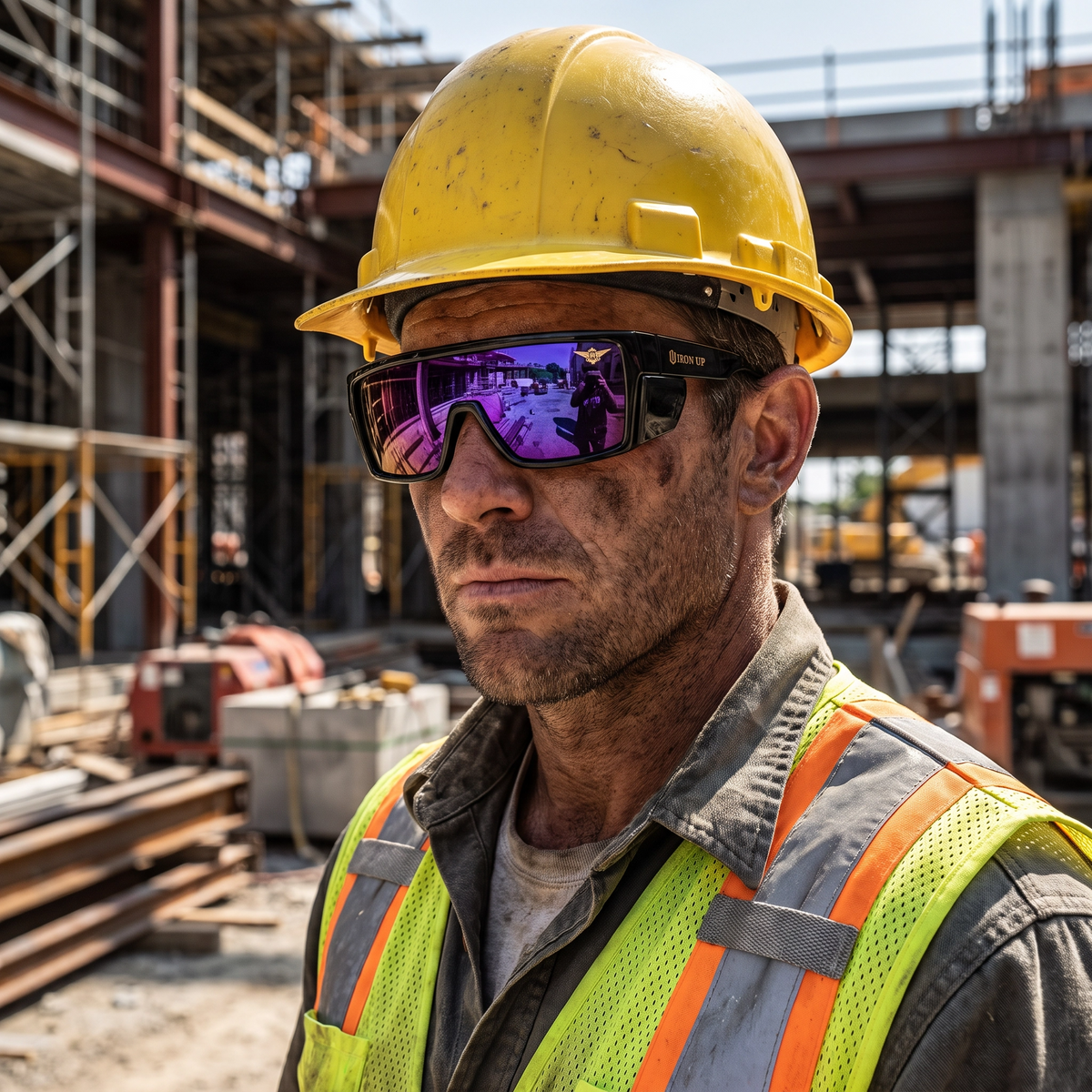 Construction worker wearing Iron Up PL-87 safety sunglasses