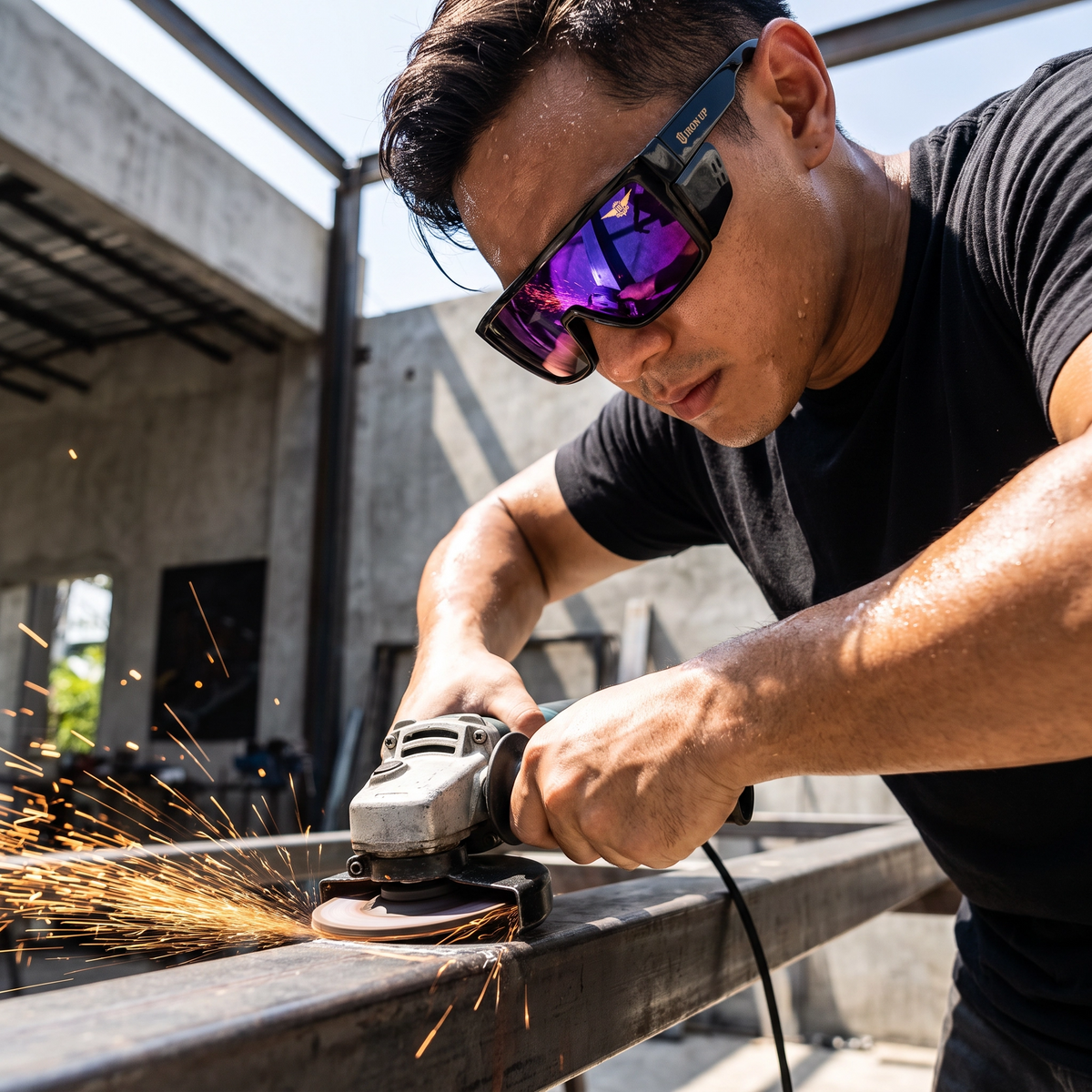 Welder grinding steel wearing Iron Up PL-87 safety sunglasses
