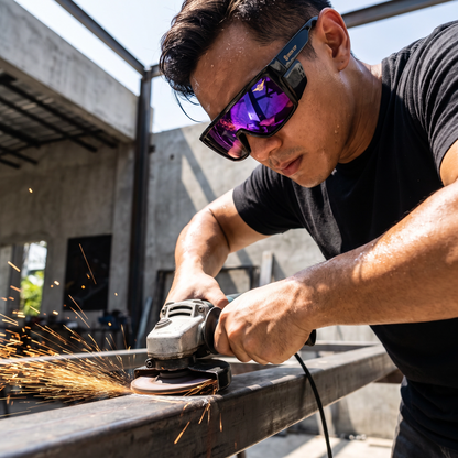 Welder grinding steel wearing Iron Up PL-87 safety sunglasses
