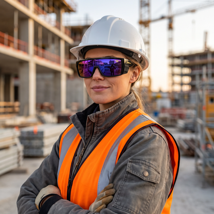 Woman on job site wearing Iron Up PL-87 safety sunglasses