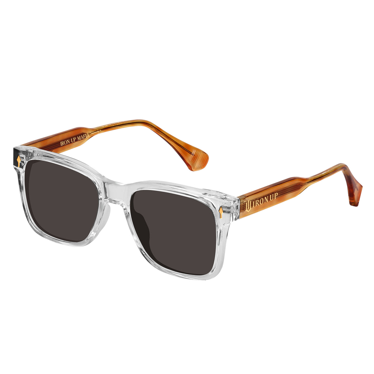 Iron Up Monroe polarized sunglasses, crystal clear frame with smoke lens